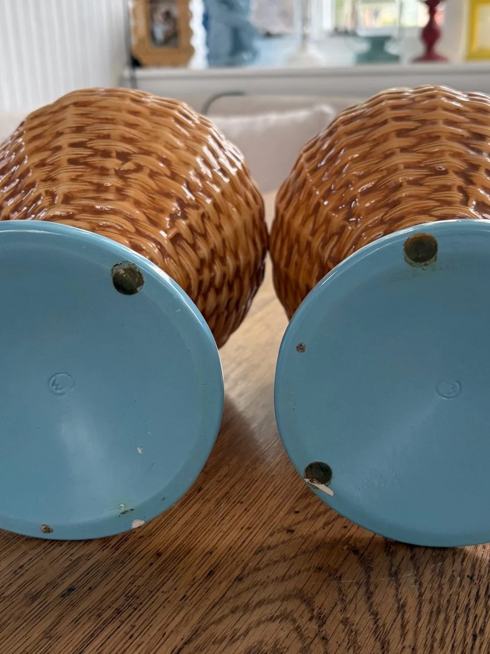 Source Unknown Blue and Brown Wicker-Style Ceramic Pitcher Duo